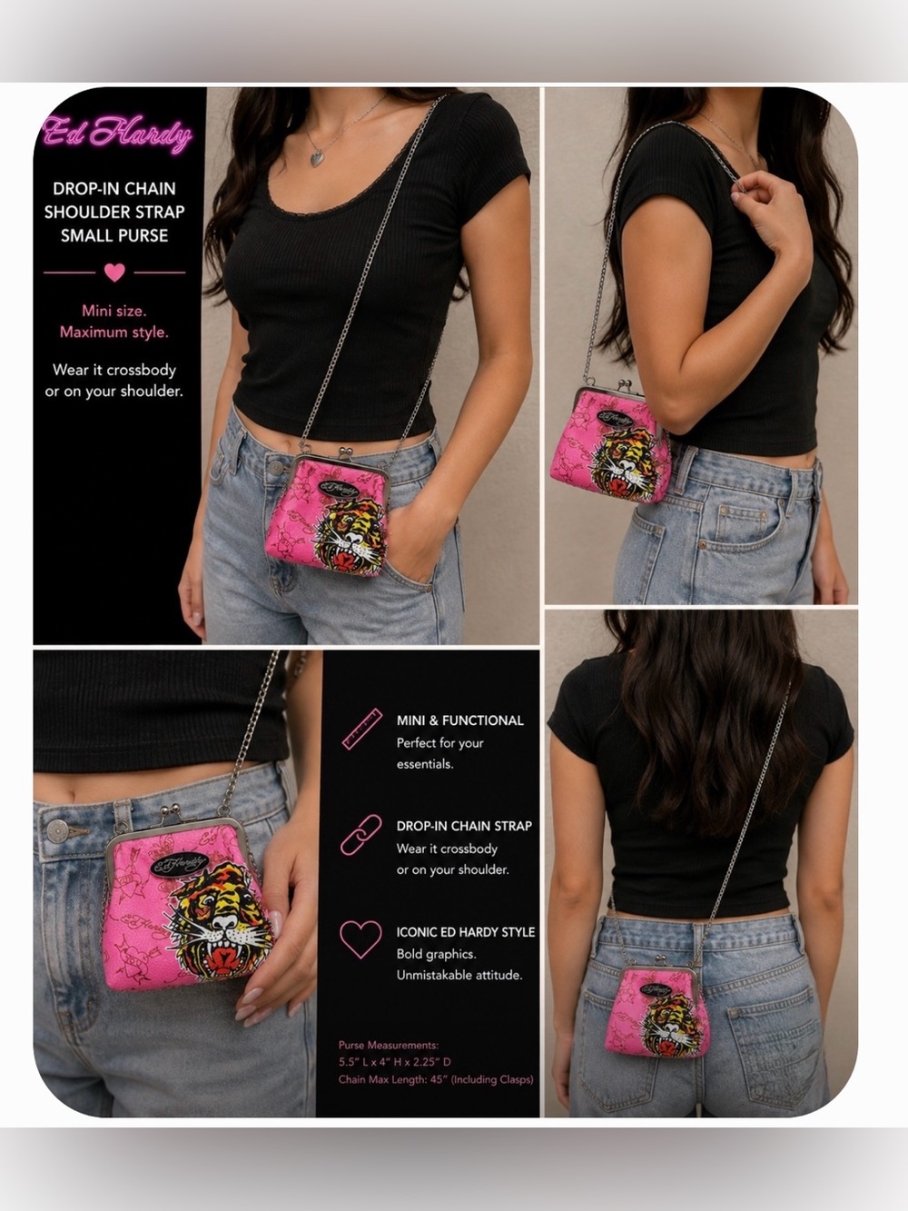 *new* Ed Hardy Pink Chain Crossbody Mini Purse